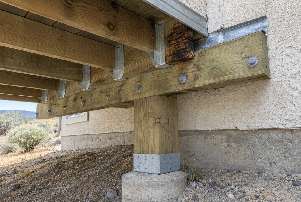 Illustration of the underside of a wood deck: a ledger board bolted to the house with metal flashing above it, joists hung in metal hangers, one joist end dark with rot, and a post in a metal saddle on a concrete pier