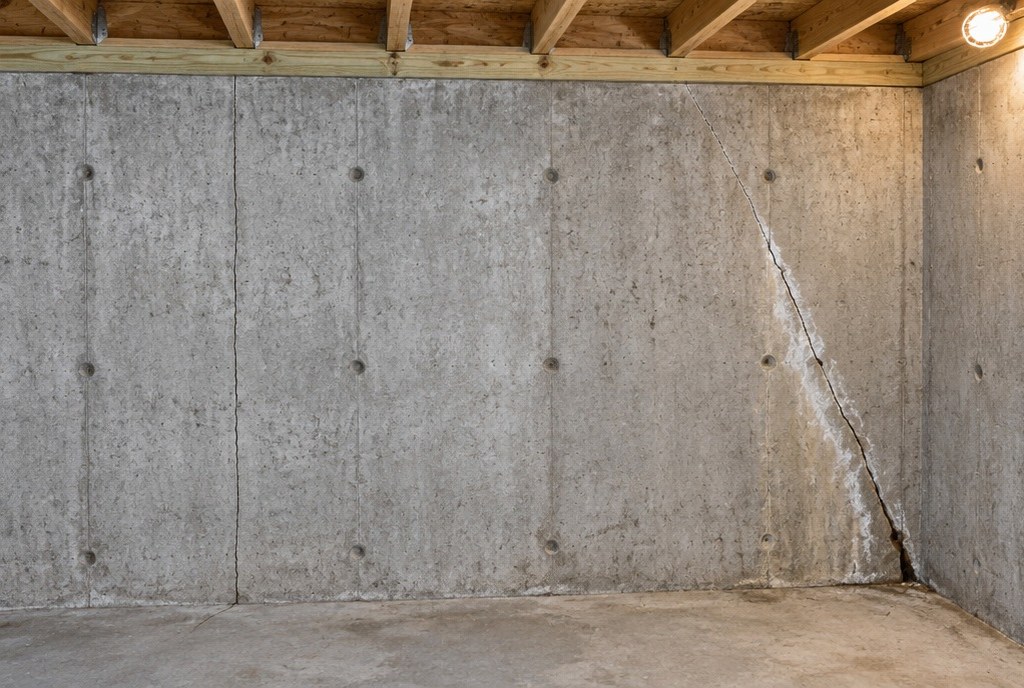 Illustration of a poured concrete basement wall with a single crack running on an angle down to the floor near the corner, noticeably wider at its lower end, with a white chalky mineral bloom along its lower half
